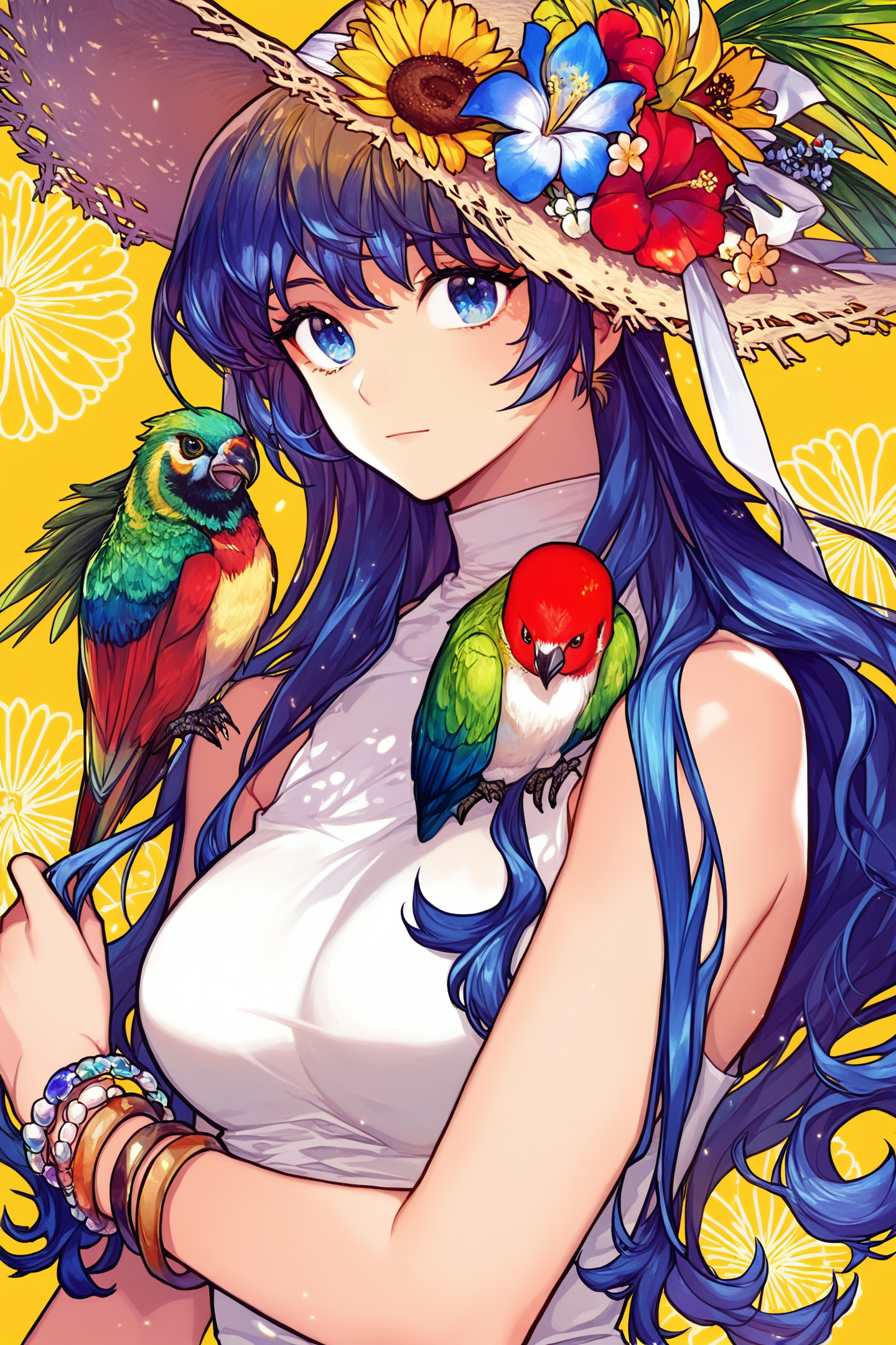 40916-1473523562-1girl,bird,flower,hat,long hair,jewelry,solo,sleeveless,hat flower,bird on shoulder,sleeveless shirt,shirt,blue eyes,bracelet,pa.png